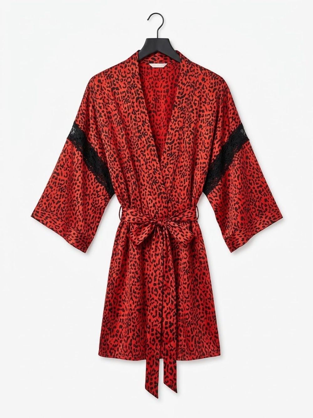 Victoria's Secret Red Leopard Satin Kimono Robe M/L Black Lace Trim Loungewear